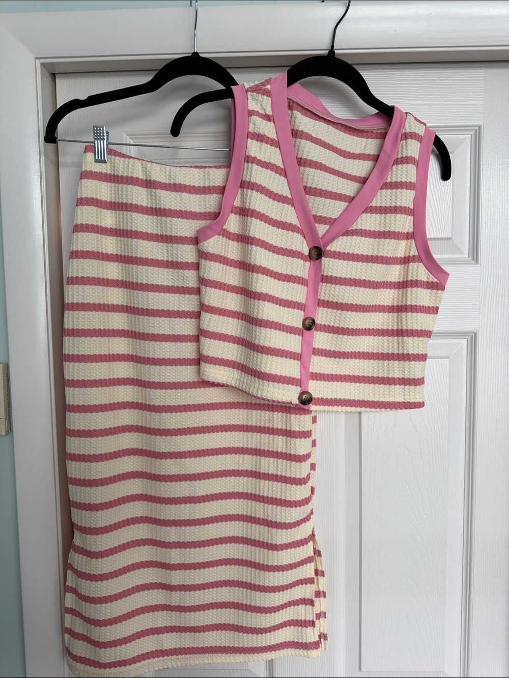 SHEIN Pink and Cream Striped Knit Skirt and Vest Set